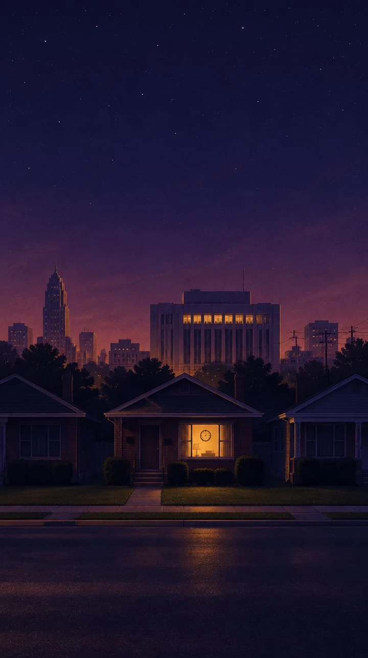 Three quiet houses beneath a dusk skyline, the setting of The Quiet Hours.